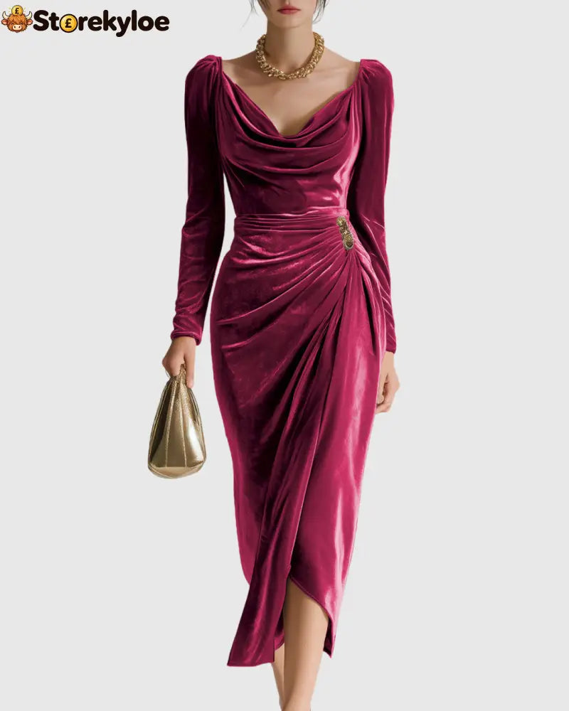 Velvet Draped Pleated Midi Dress - Pink / S