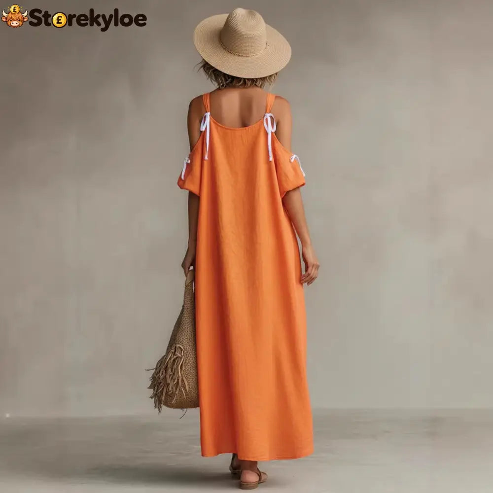 Vibrant Orange Cold-Shoulder High-Low Maxi Dress