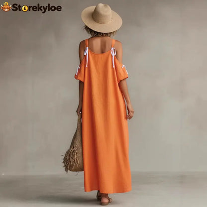 Vibrant Orange Cold-Shoulder High-Low Maxi Dress