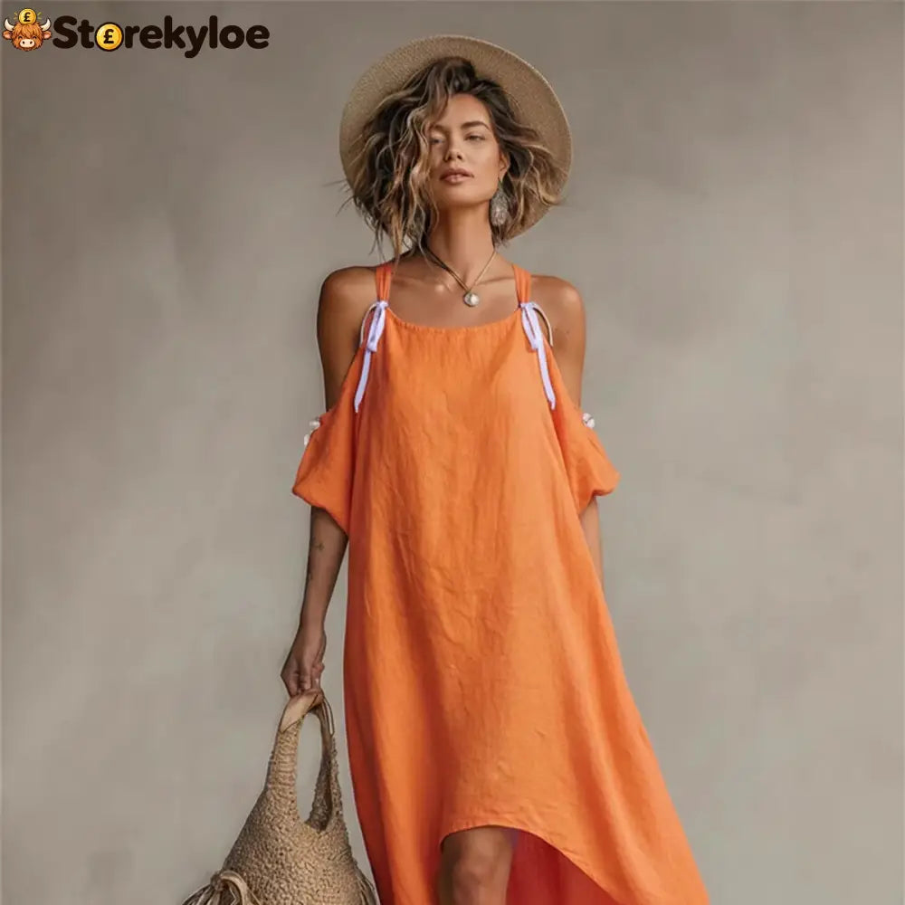 Vibrant Orange Cold-Shoulder High-Low Maxi Dress
