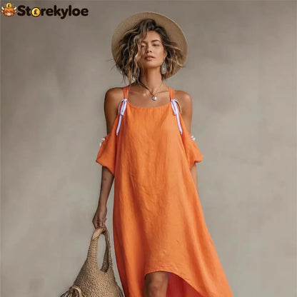 Vibrant Orange Cold-Shoulder High-Low Maxi Dress