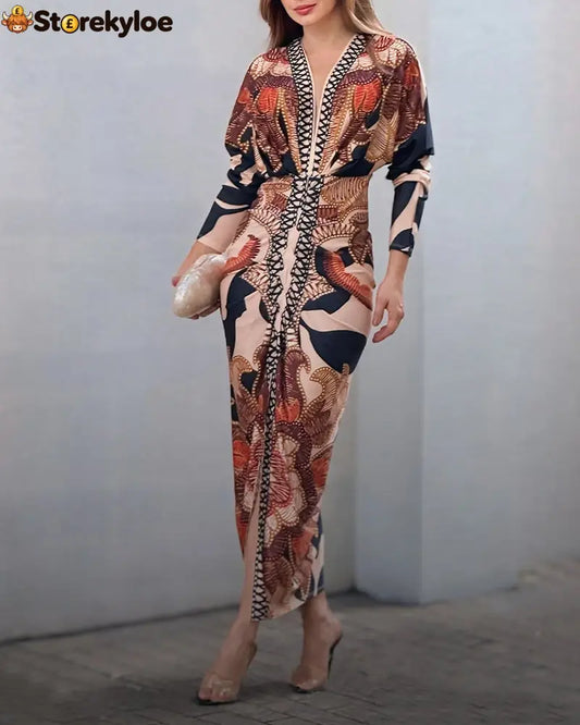 Vintage Baroque Deep V Neck Long Sleeve Slit Bodycon Dress Ruched Slim Fit Vacation Dress - Brown / S