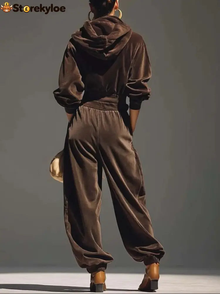 Vintage brown velvet hoodie and loose-fitting trousers set(Includes belt)