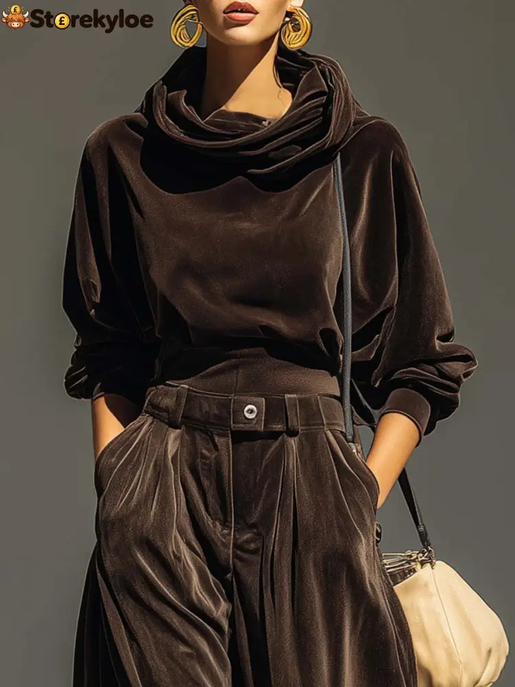 Vintage brown velvet hoodie and loose-fitting trousers set(Includes belt)