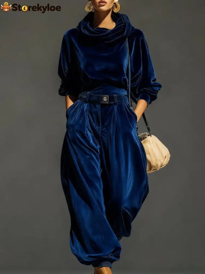 Vintage brown velvet hoodie and loose-fitting trousers set(Includes belt) - Blue / S