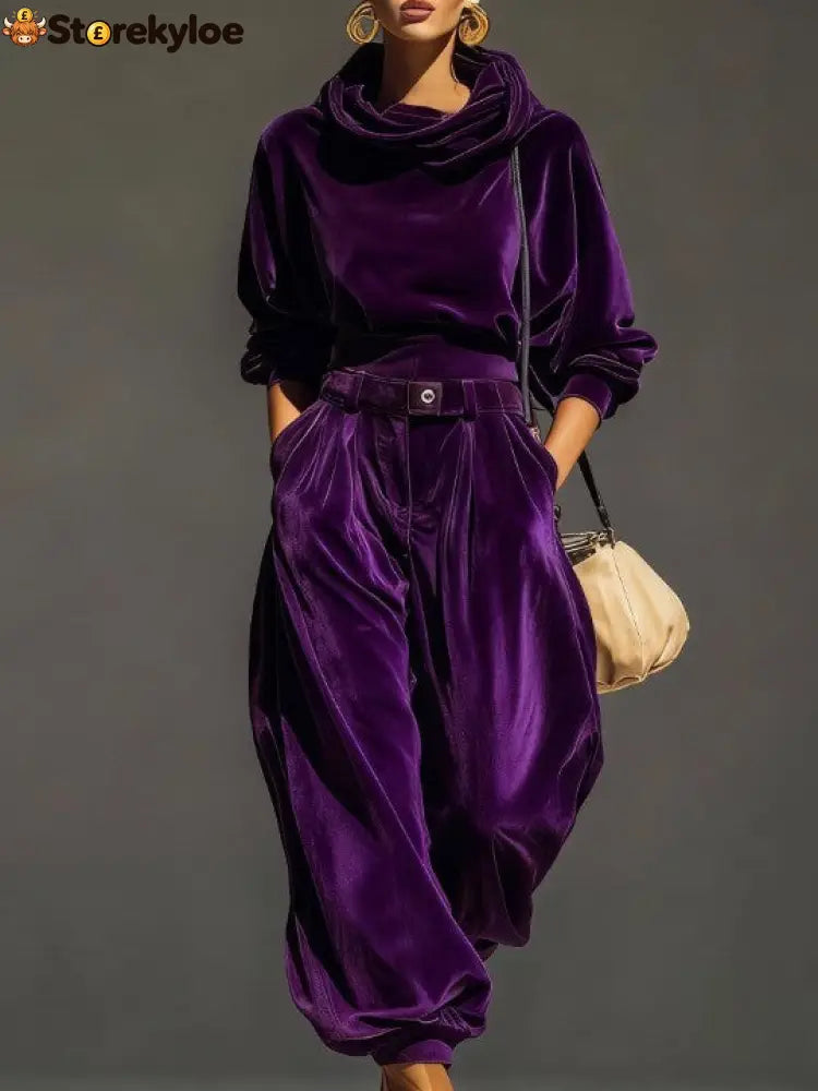 Vintage brown velvet hoodie and loose-fitting trousers set(Includes belt) - Purple / S