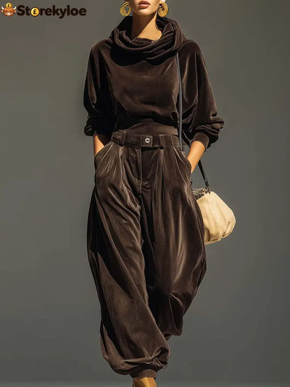 Vintage brown velvet hoodie and loose-fitting trousers set(Includes belt) - Brown / S