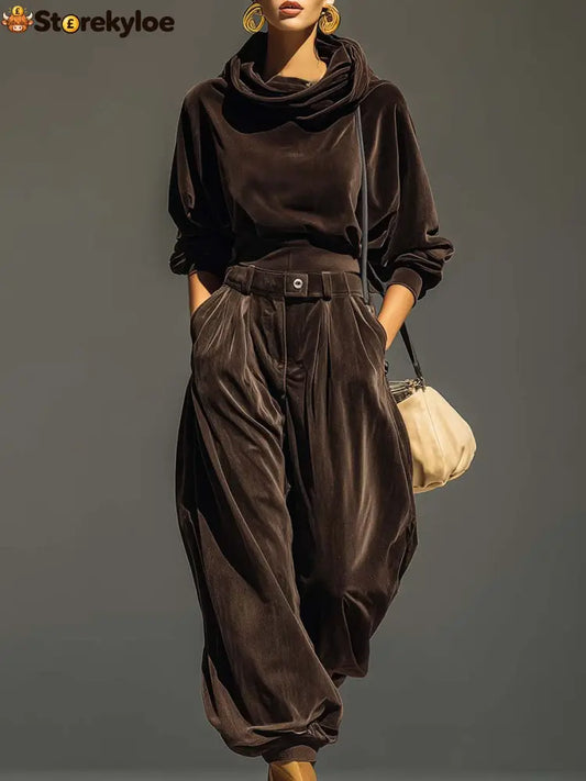 Vintage brown velvet hoodie and loose-fitting trousers set(Includes belt) - Brown / S