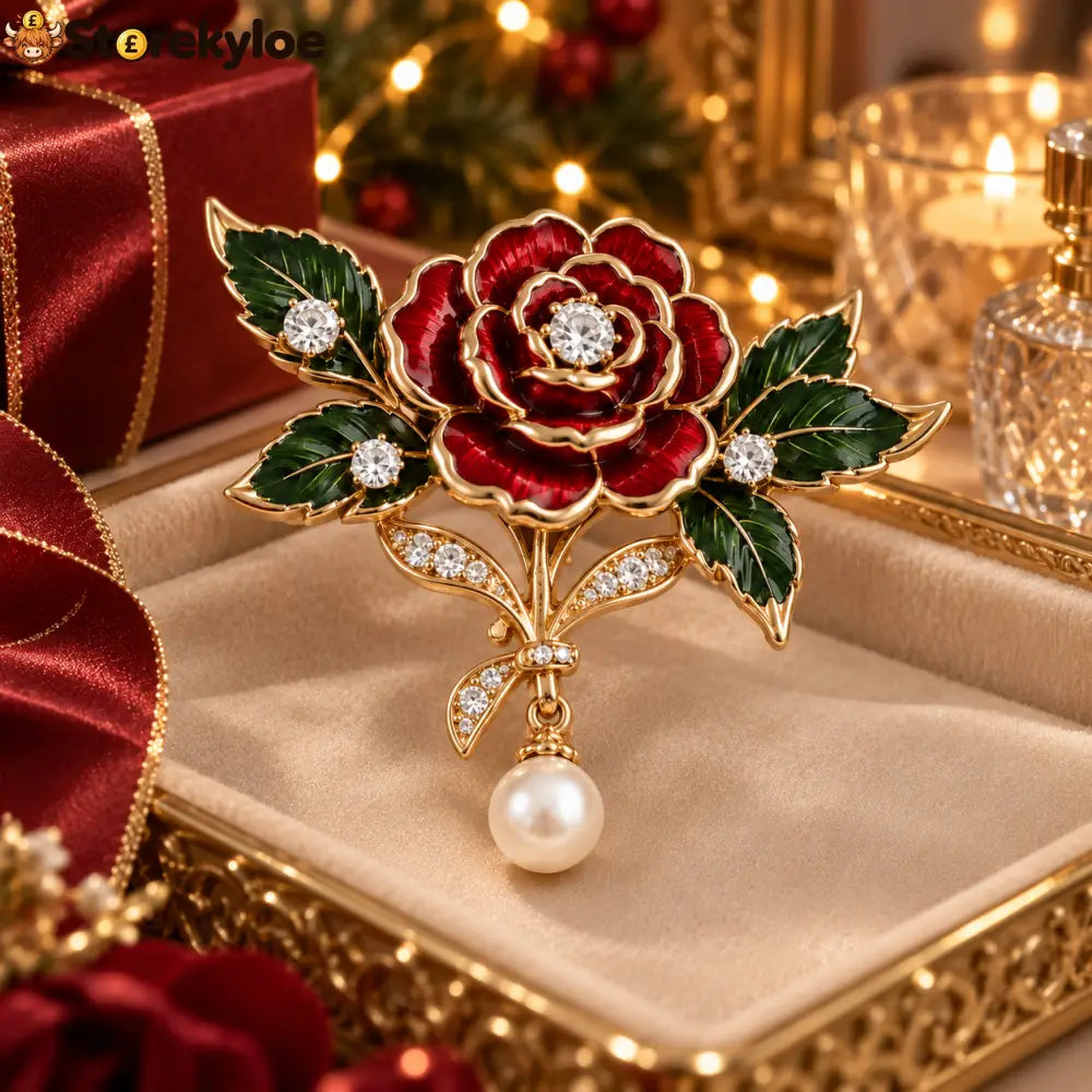 🌹 Vintage-Inspired Red Rose Brooch, Gold-Tone Floral Pin with Pearl-Style Drop