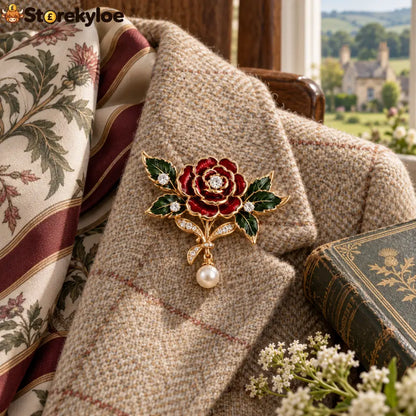 🌹 Vintage-Inspired Red Rose Brooch, Gold-Tone Floral Pin with Pearl-Style Drop