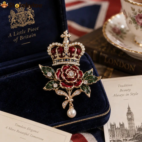 🌹 Vintage-Inspired Red Rose Brooch, Gold-Tone Floral Pin with Pearl-Style Drop