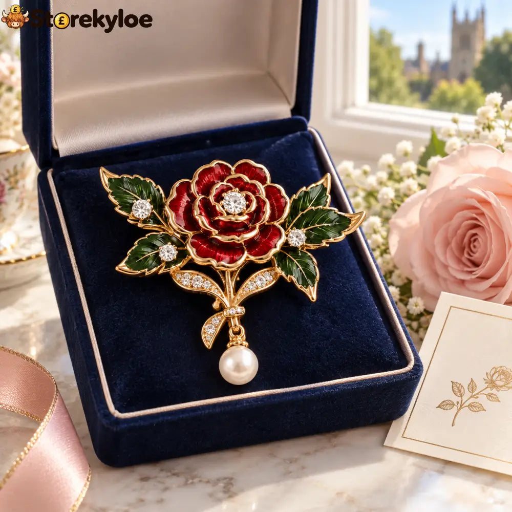 🌹 Vintage-Inspired Red Rose Brooch, Gold-Tone Floral Pin with Pearl-Style Drop