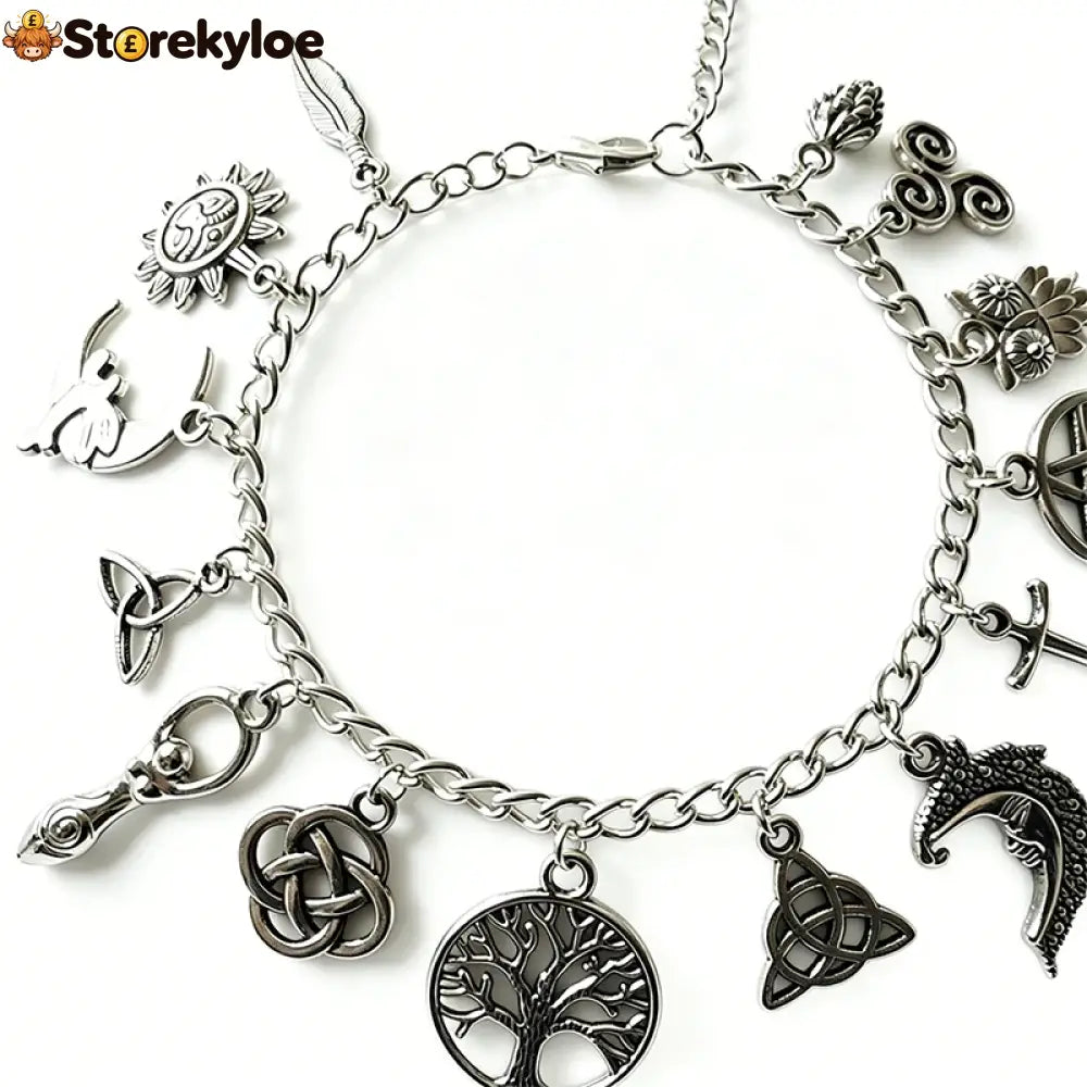 ✨ Vintage Pagan Charm Bracelet – Spiritual Symbols Antique Silver Bohemian Style 🌙