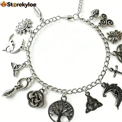 ✨ Vintage Pagan Charm Bracelet – Spiritual Symbols Antique Silver Bohemian Style 🌙