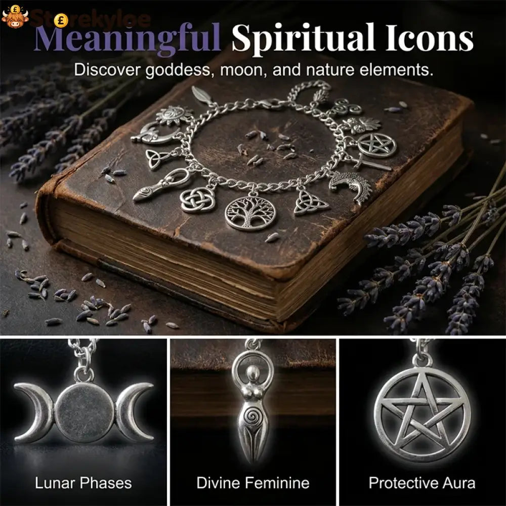 ✨ Vintage Pagan Charm Bracelet – Spiritual Symbols Antique Silver Bohemian Style 🌙