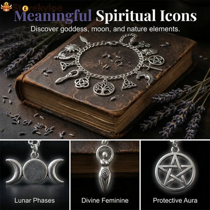 ✨ Vintage Pagan Charm Bracelet – Spiritual Symbols Antique Silver Bohemian Style 🌙
