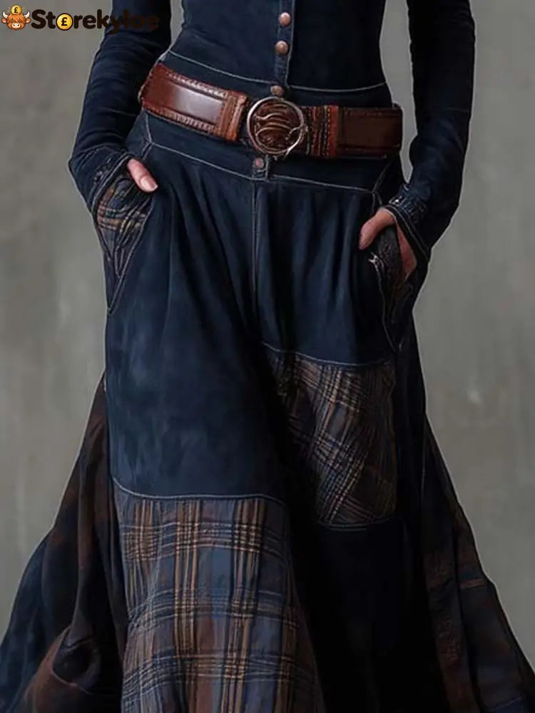 Vintage Patchwork Suede Maxi Dress With Plaid Panels