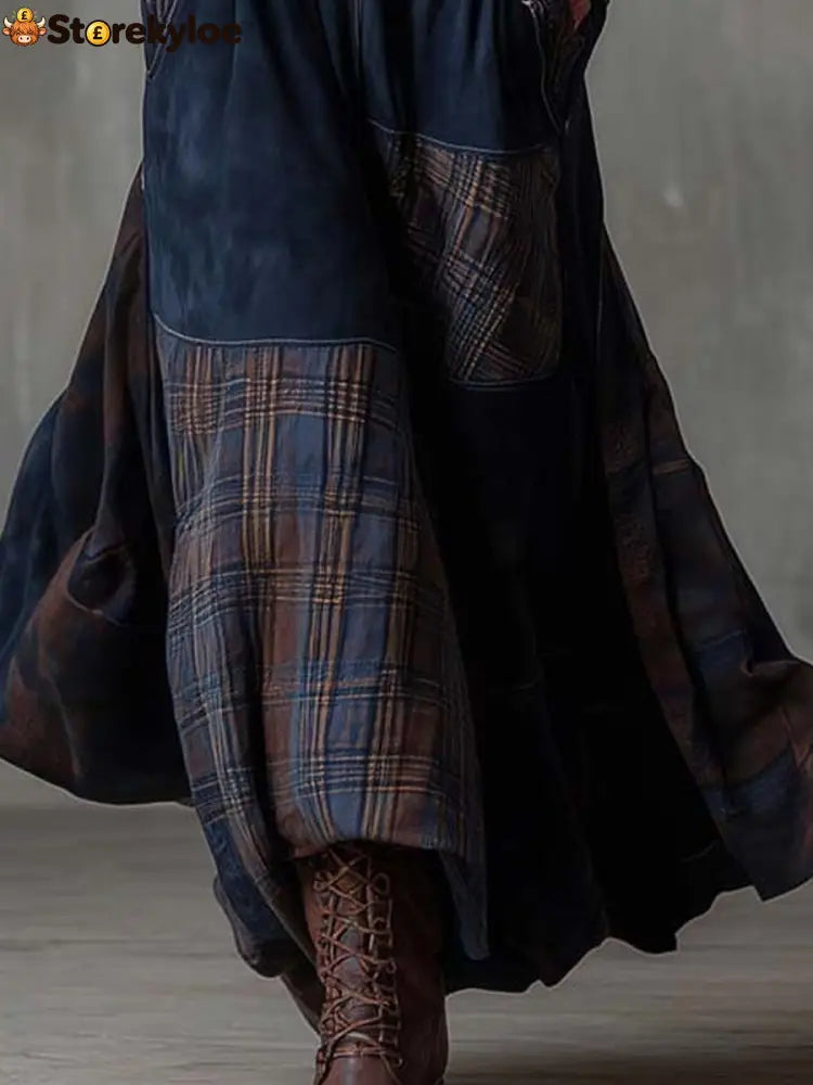 Vintage Patchwork Suede Maxi Dress With Plaid Panels