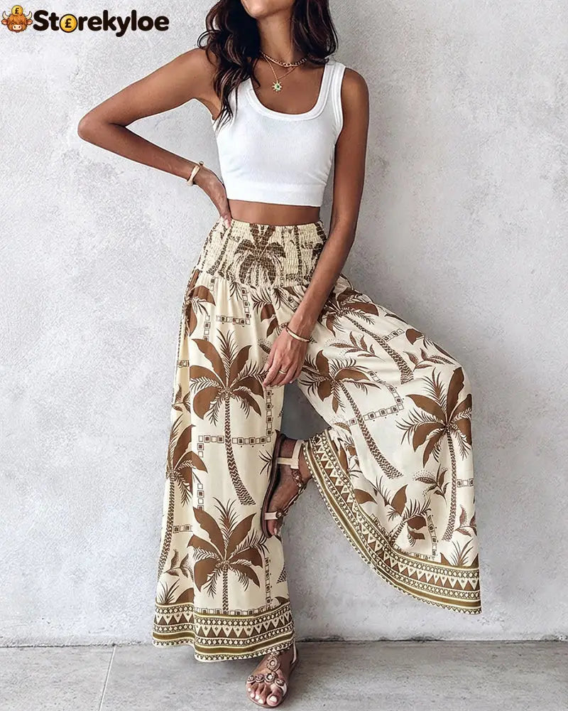 Vintage Plants Print High Waist Shirred Elastic Waist Wide Leg Pants