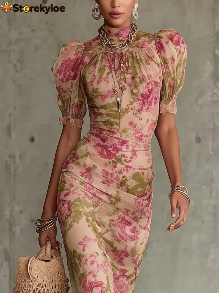 Vintage Rose Print Maxi Dress With Puff Sleeves（Accessories not included）