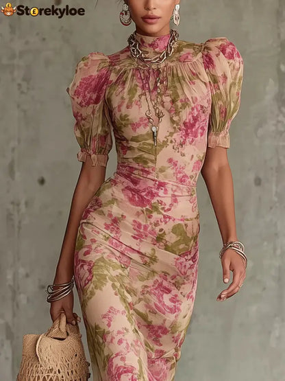 Vintage Rose Print Maxi Dress With Puff Sleeves（Accessories not included）