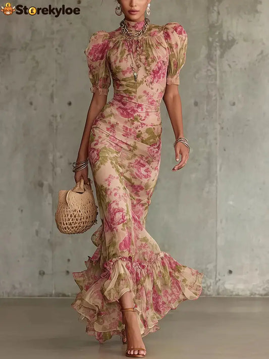 Vintage Rose Print Maxi Dress With Puff Sleeves（Accessories not included） - Pink / XS