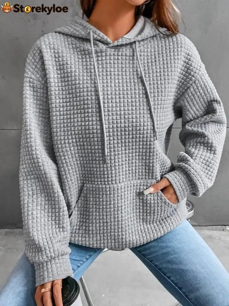 Waffle Textured Drawstring Hooded Sweatshirt With Kangaroo Pocket - Grey / S