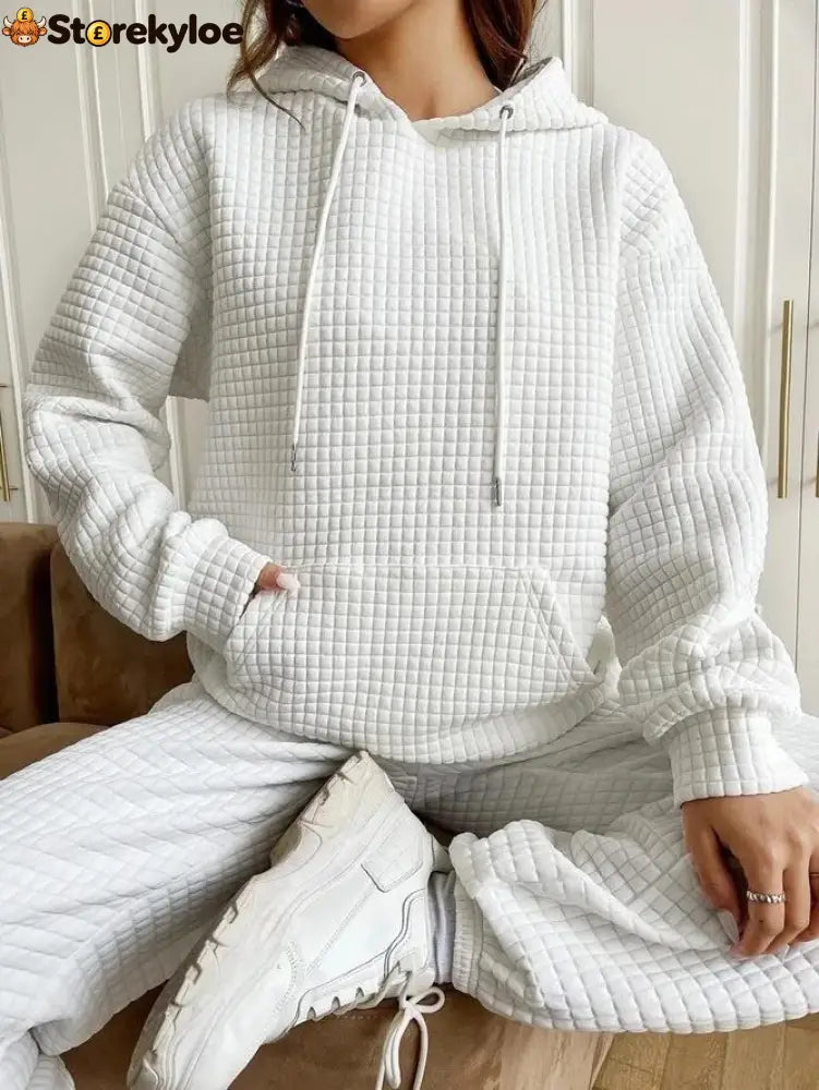 Waffle Textured Drawstring Hooded Sweatshirt With Kangaroo Pocket - White / S