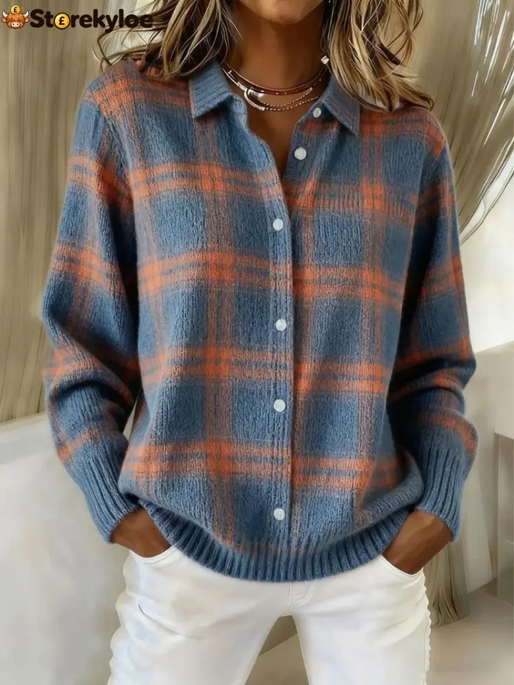Warm Blue Check Cardigan - Warm Blue / S