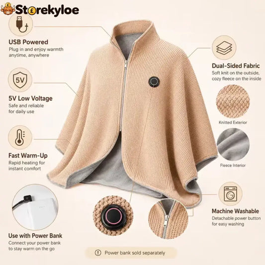 Wearable Heated Shawl 3 Heat Levels Portable Thermal Wrap - Light brown