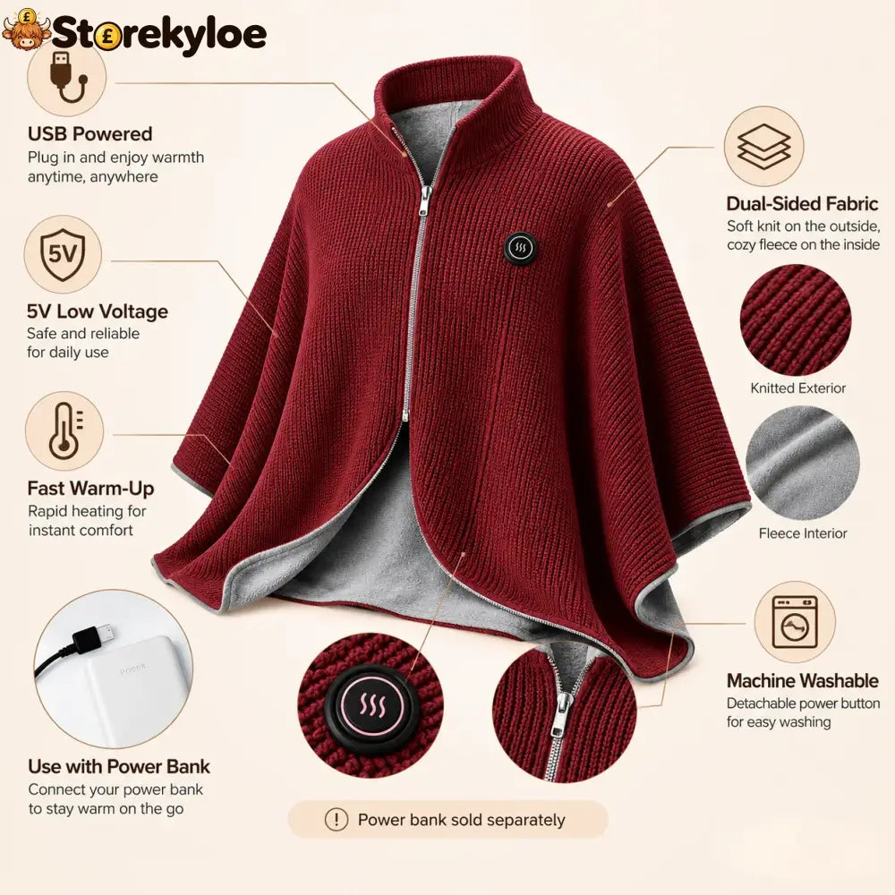 Wearable Heated Shawl 3 Heat Levels Portable Thermal Wrap - red
