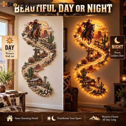 🤠 Western Cowboy Led Wall Decor – Lighted Wild West Desert Scene With Horseback Rider Cactus & Ranch Details