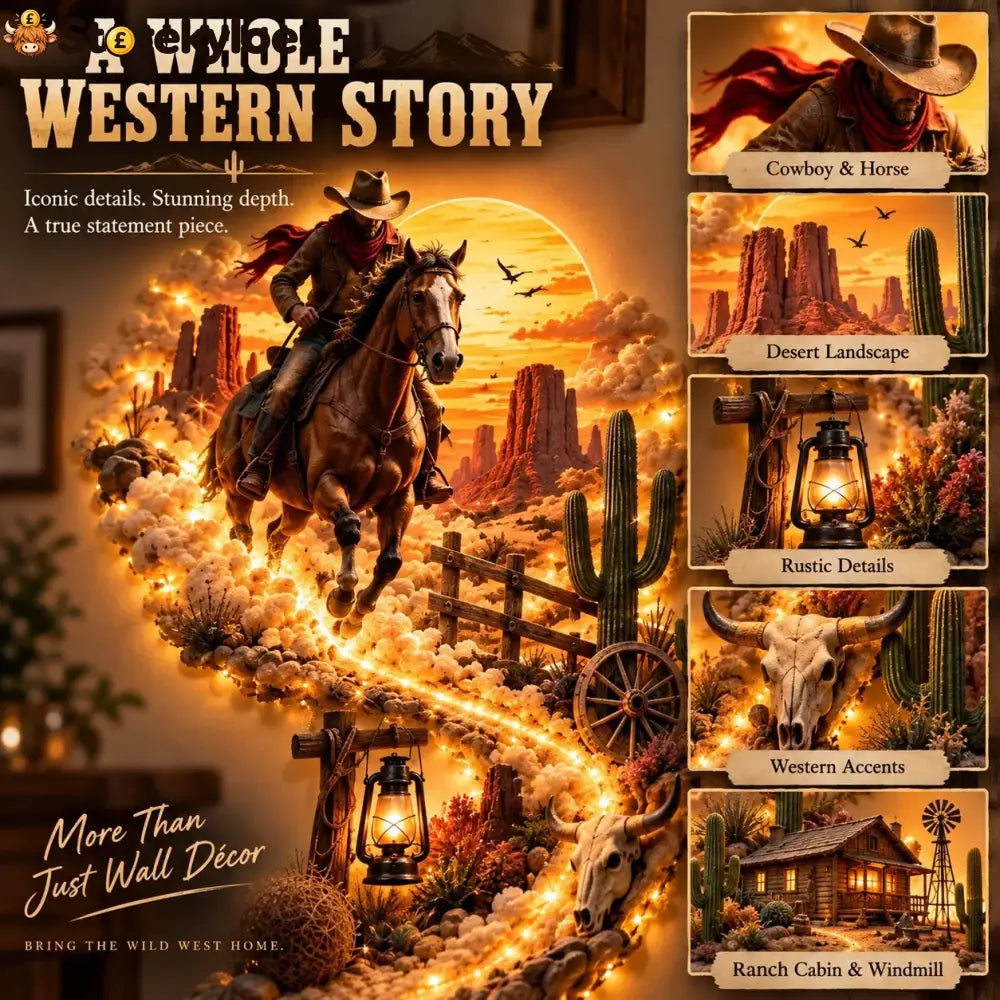 🤠 Western Cowboy Led Wall Decor – Lighted Wild West Desert Scene With Horseback Rider Cactus & Ranch Details