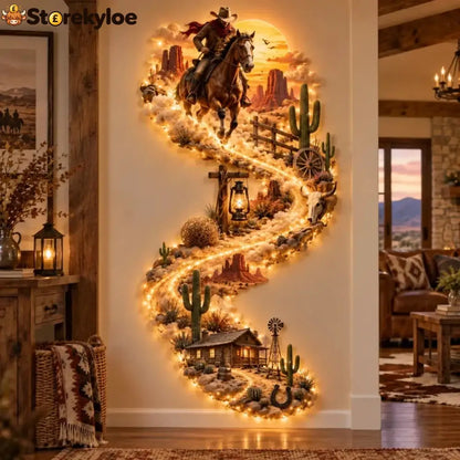 🤠 Western Cowboy Led Wall Decor – Lighted Wild West Desert Scene With Horseback Rider Cactus & Ranch Details