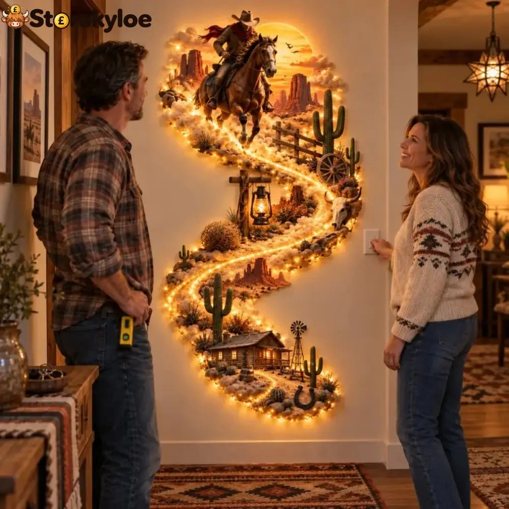 🤠 Western Cowboy Led Wall Decor – Lighted Wild West Desert Scene With Horseback Rider Cactus & Ranch Details