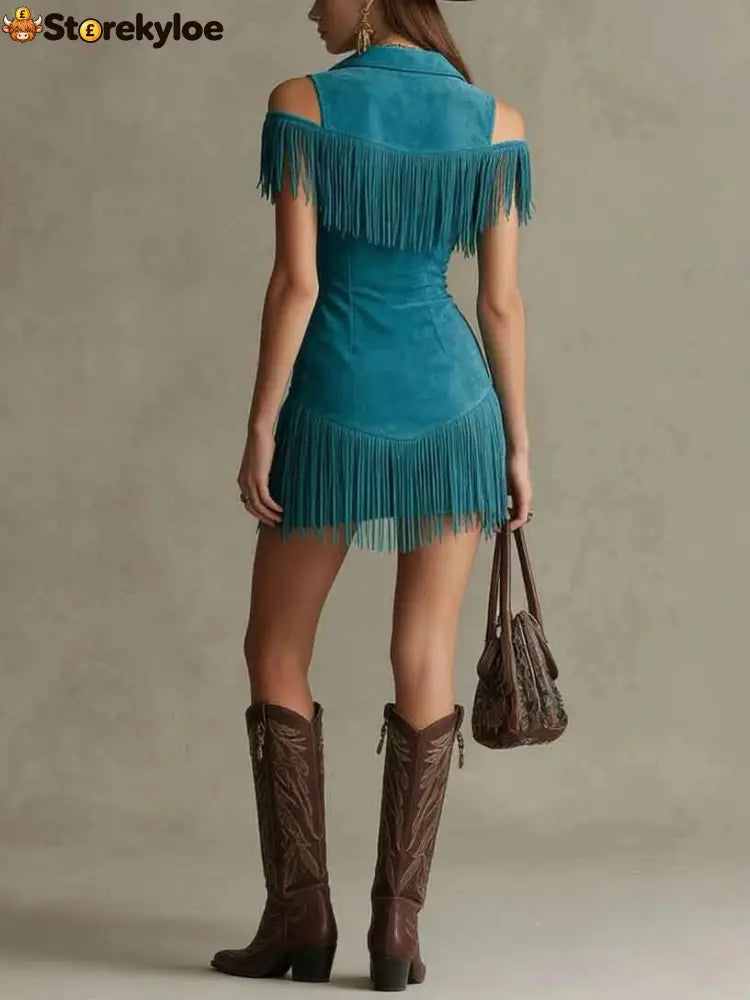 Western-Style Lapel Zipper Tassel Slim-Fit Mini Dress