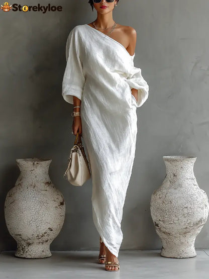 White One-shoulder Flowing Elegant Maxi Dress - White / XS