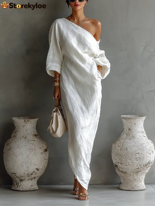 White One-shoulder Flowing Elegant Maxi Dress - White / XS