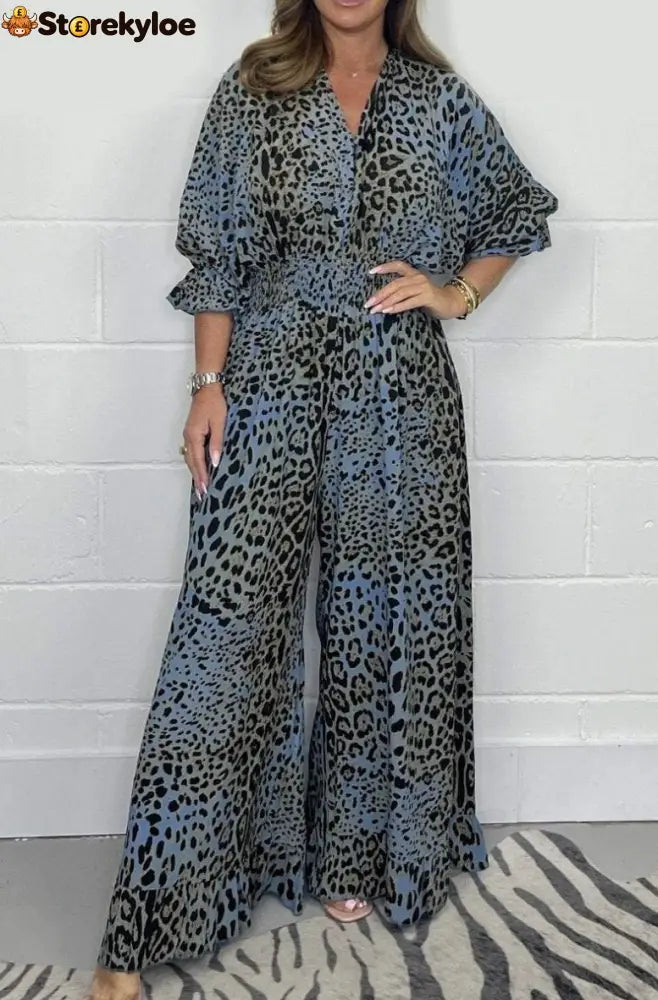 Wild Elegance Leopard Print Wide-Leg Jumpsuit - Blue / S