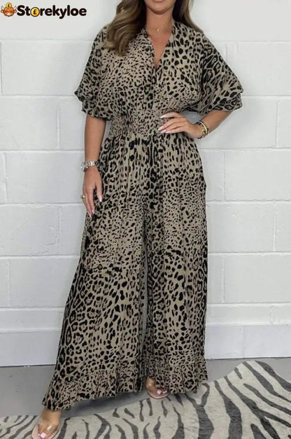 Wild Elegance Leopard Print Wide-Leg Jumpsuit - Camel / S