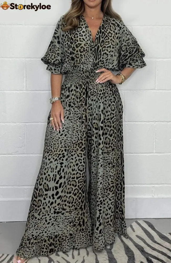 Wild Elegance Leopard Print Wide-Leg Jumpsuit - Green / S