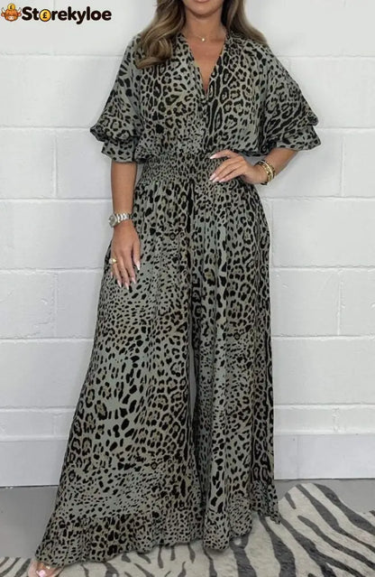 Wild Elegance Leopard Print Wide-Leg Jumpsuit - Green / S