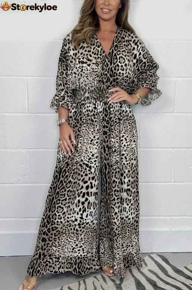 Wild Elegance Leopard Print Wide-Leg Jumpsuit - White / S