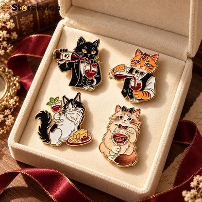 🍷wine Cats Brooch Set | Elegant Vintage Kitty Pins - Full Set of 4