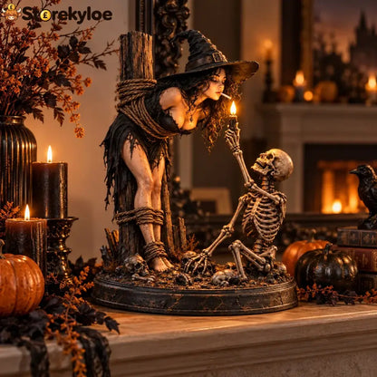 🧙 Witch & Skeleton Candle Scene Figurine – Dark Gothic Halloween Tabletop Decor