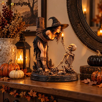 🧙 Witch & Skeleton Candle Scene Figurine – Dark Gothic Halloween Tabletop Decor