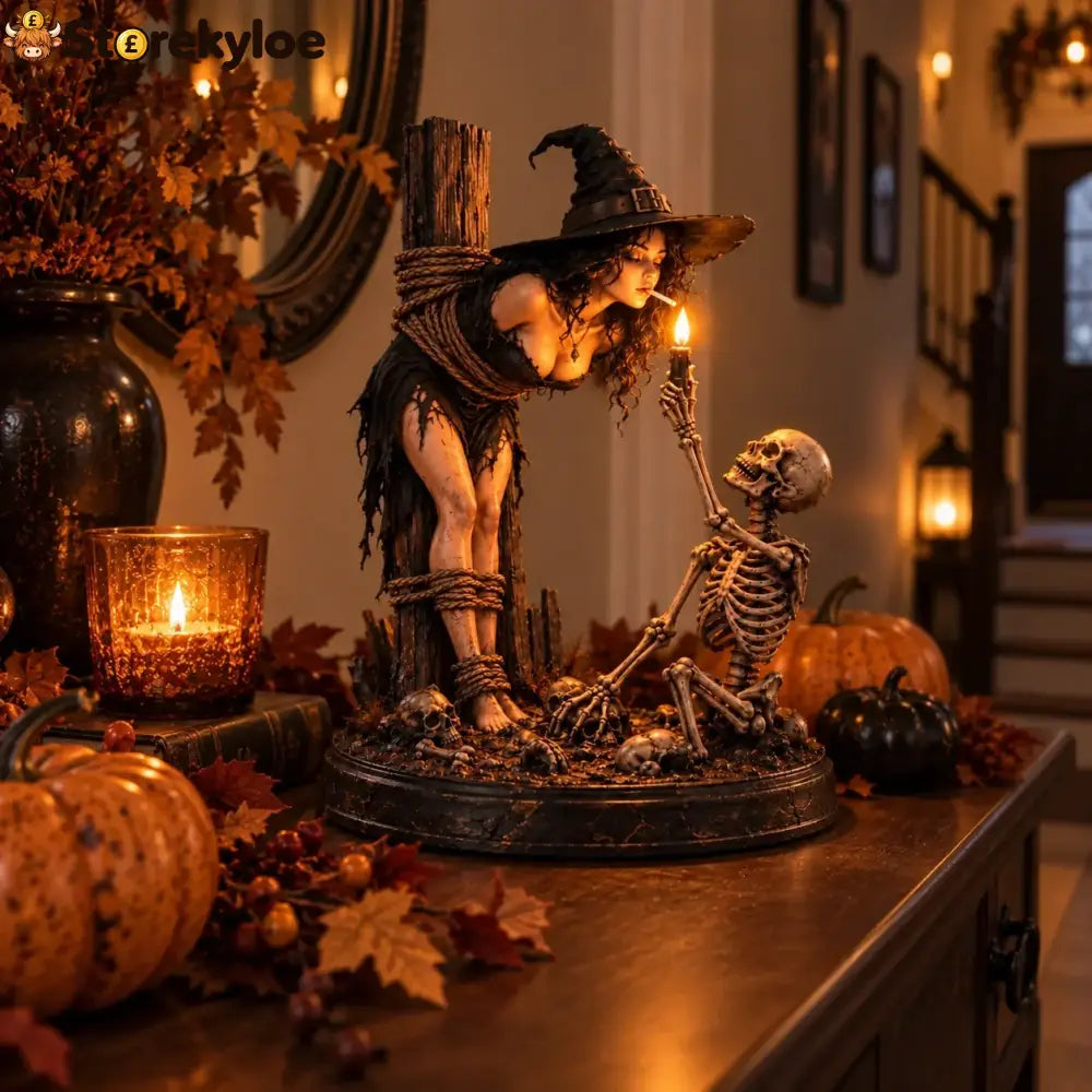 🧙 Witch & Skeleton Candle Scene Figurine – Dark Gothic Halloween Tabletop Decor