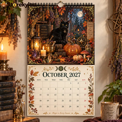 Witch’s Arcanum 2027 Wall Calendar – 12-Month Witchy Art Calendar with Black Cats Herbs Crystals & Seasonal Magic
