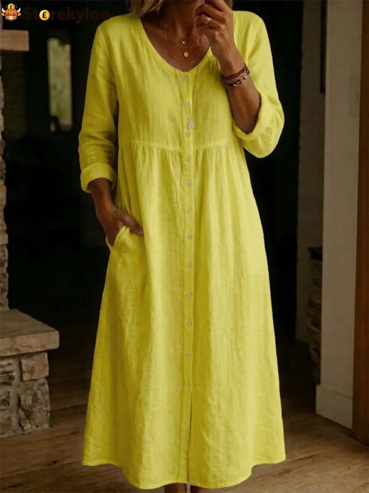 Women Plain Spring/Fall Dress Long Sleeve A-Line Dress - Yellow / S