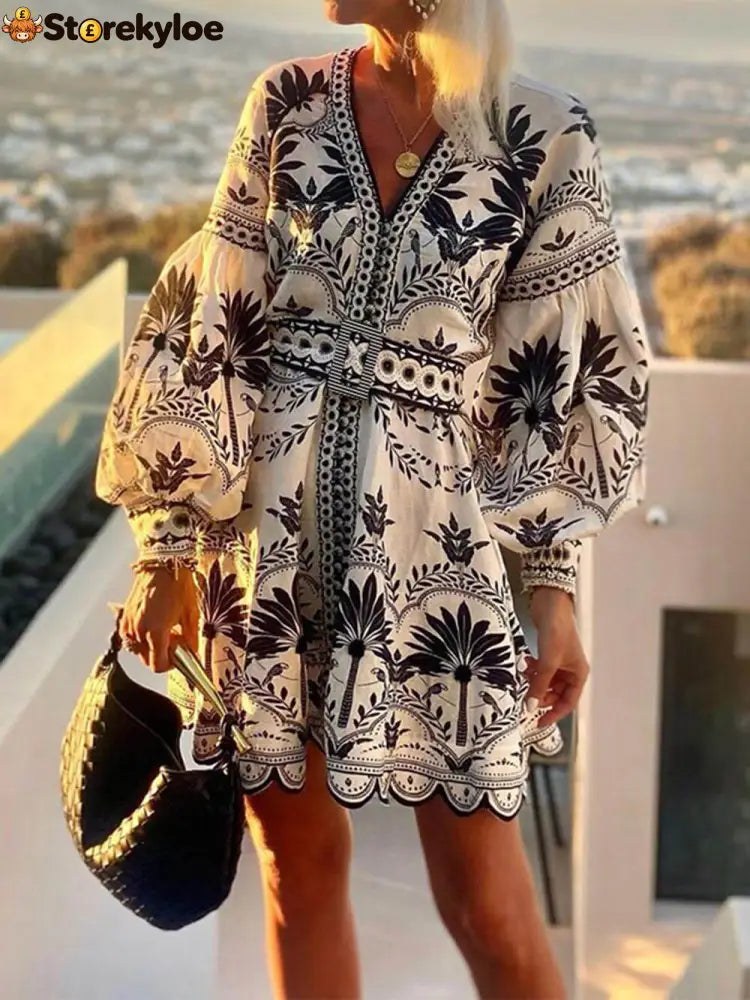 Women Vintage Printed Beach Dresses - black / S